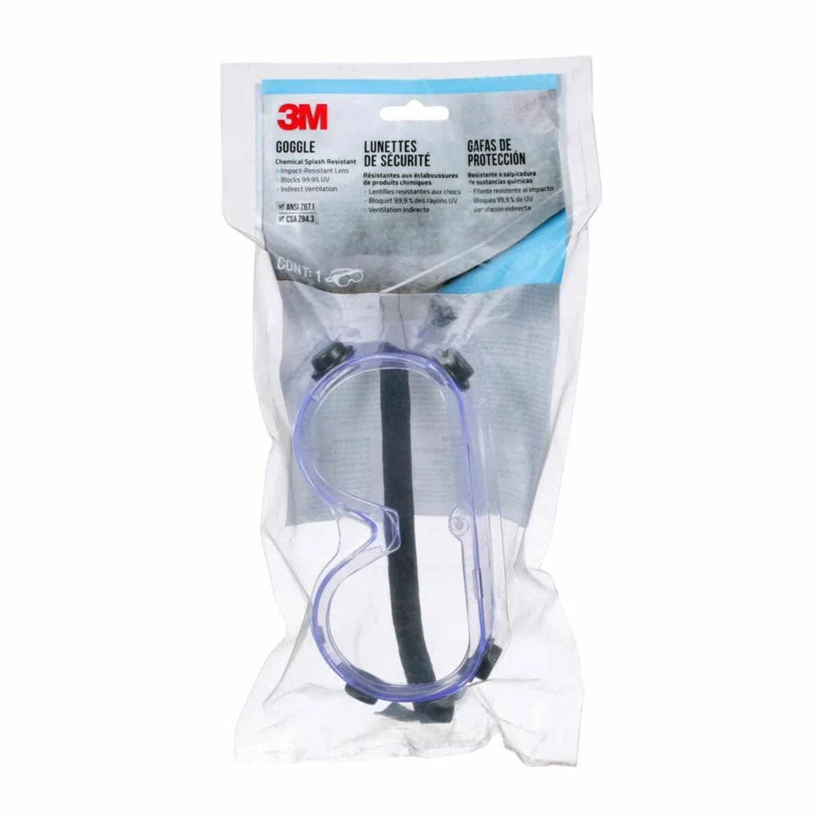3M™ Goggle Chemical Splash, 93506P1-DC, Black Strap, Clear Lens, 10/case