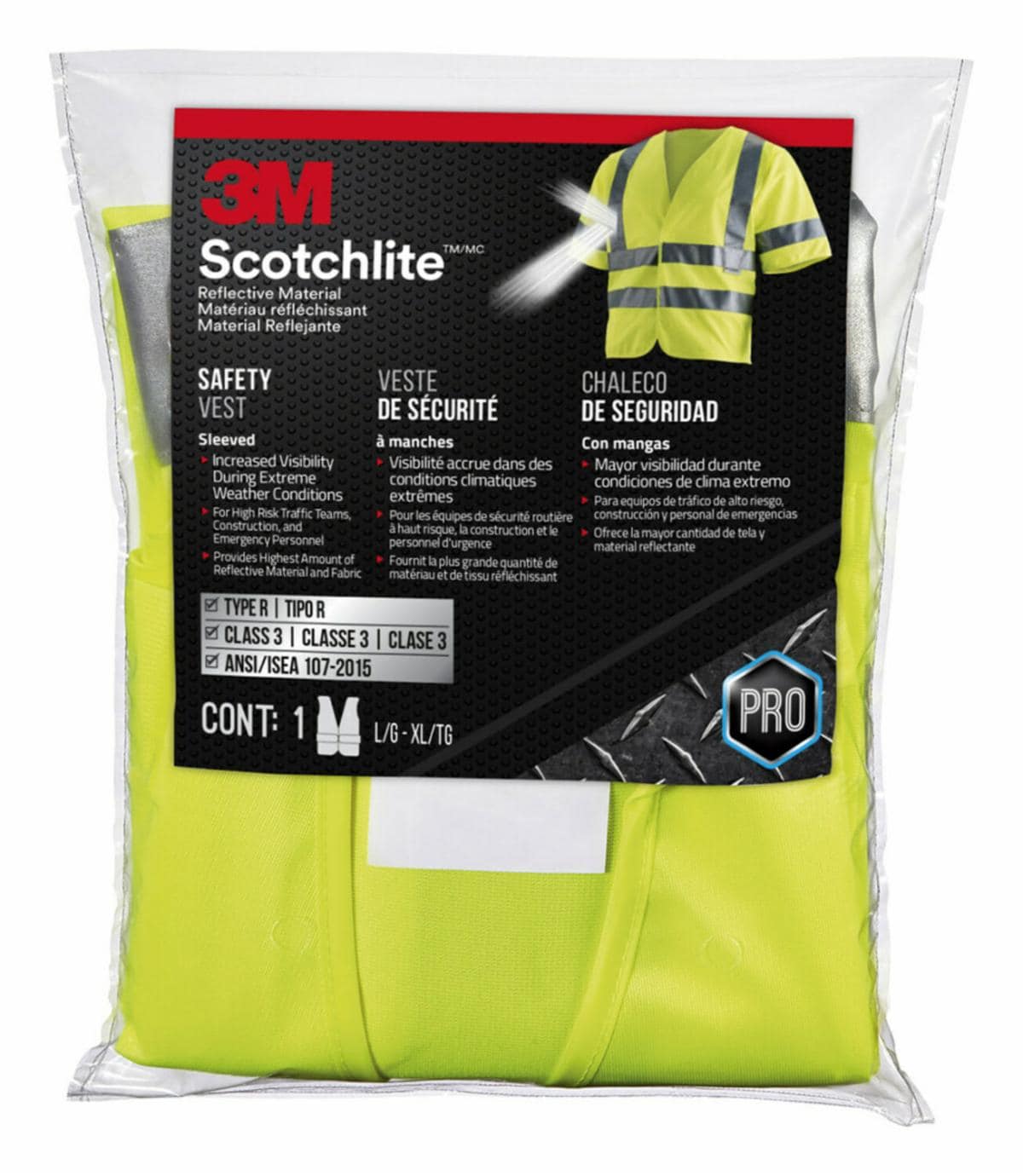 3M™ Hi-Viz Vest, Class 3, Short Sleeve, 94900-80030, Yellow, 5/case