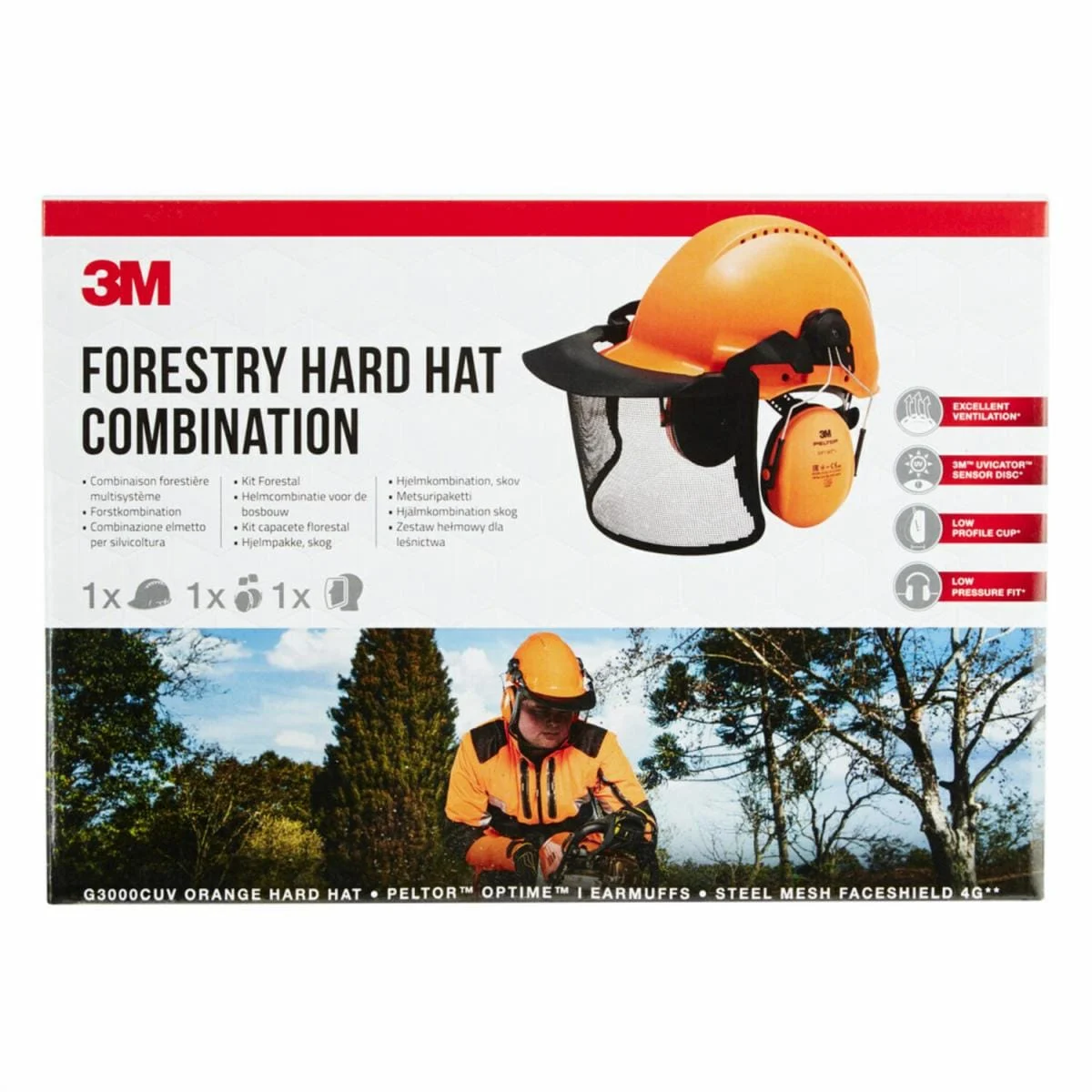 3M™ Kit de sécurité pour combinaison forestière G3000CUVFORESTC1, casque, coquilles antibruit, visière grillagée en acier, 1 kit/paquet