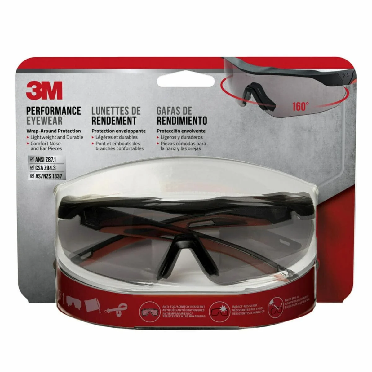 3M™ Performance Eyewear Wrap-Around Protection, Black/Red, Gray Lens