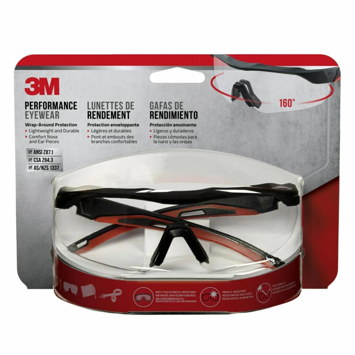 3M™ Performance Safety Eyewear, Aerodynamic Design, 47090-WZ4, Black w/Red Accent Frame, Clear Lens, Anti-Fog
