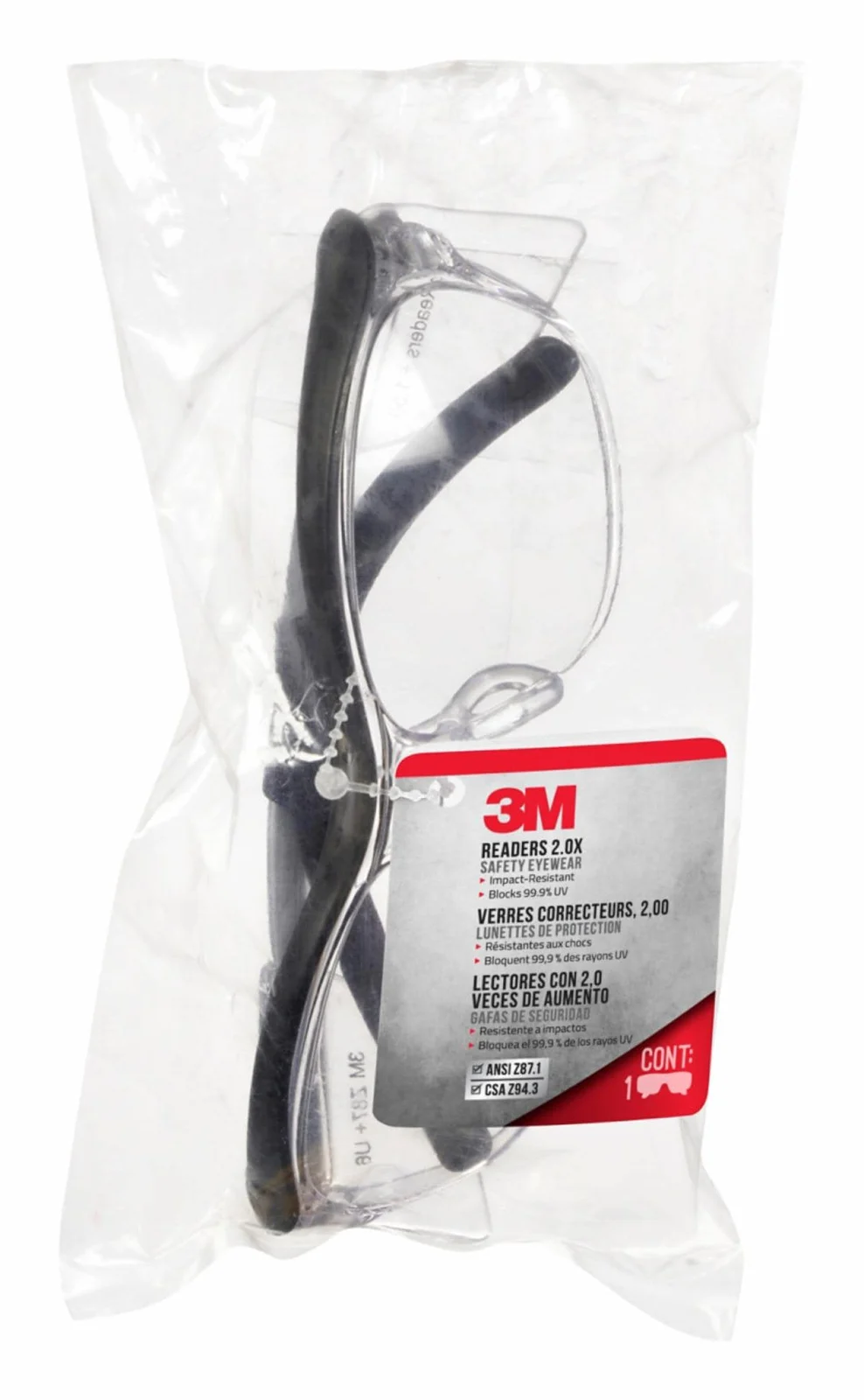 3M™ Readers 2.0X Safety Eyewear, Black Frames, Clear lens