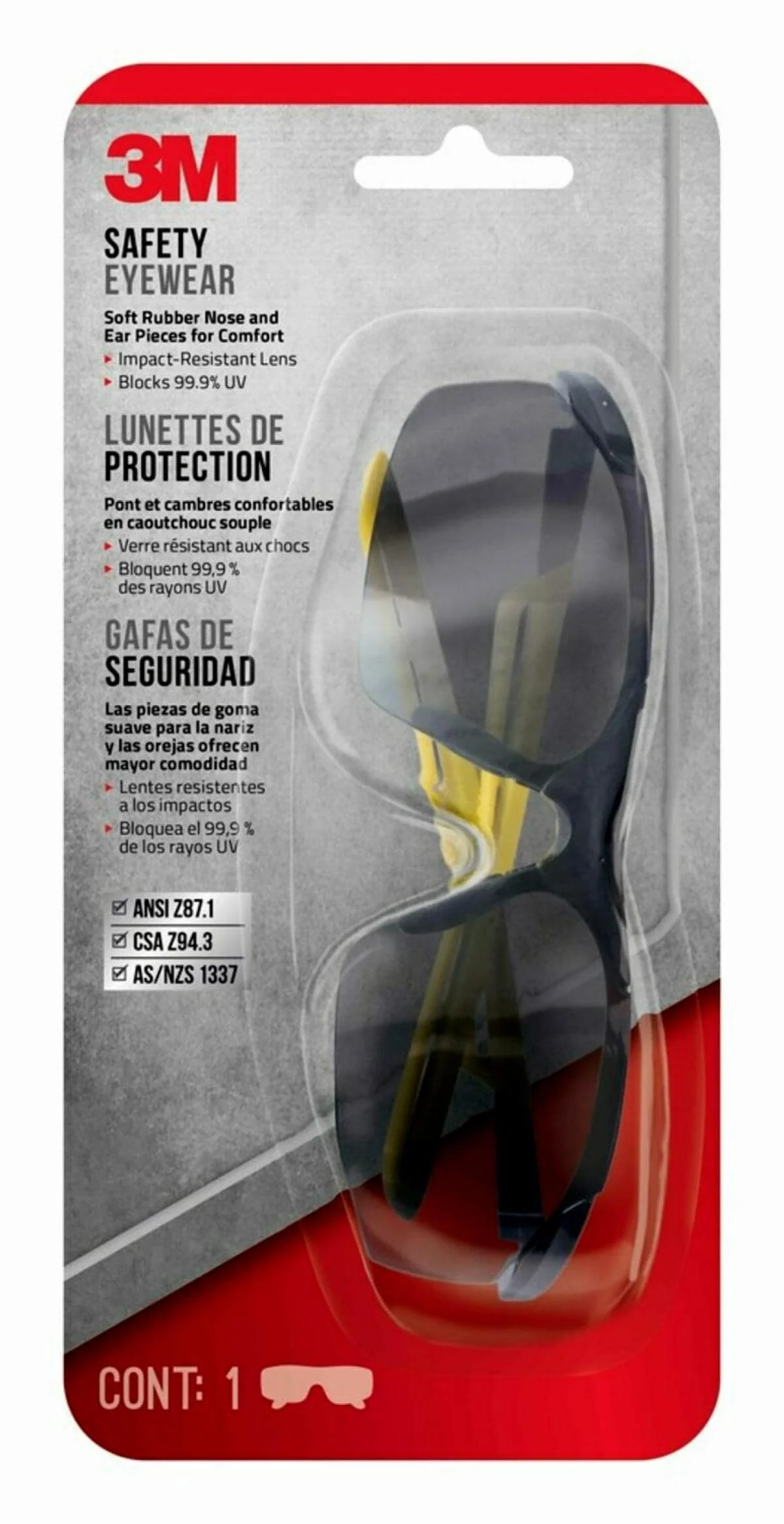 3M™ Safety Eyewear Soft Rubber Nose and Ear Pieces for Comfort, Black Frame with Yellow Accent, Gray Lens