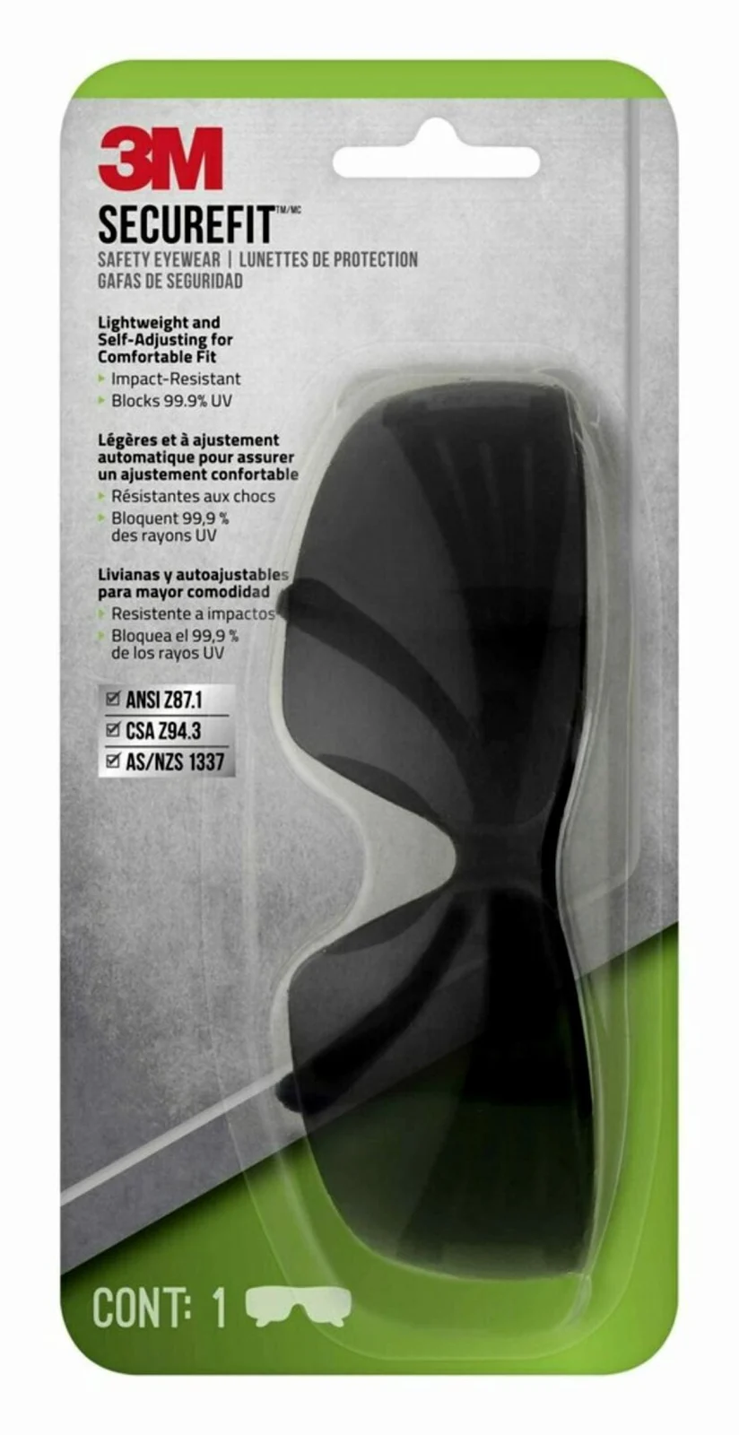 3M™ SecureFit™201 Eyewear Anti-Fog, SF201G1-DC, Gray, Gray Lens, 4/case