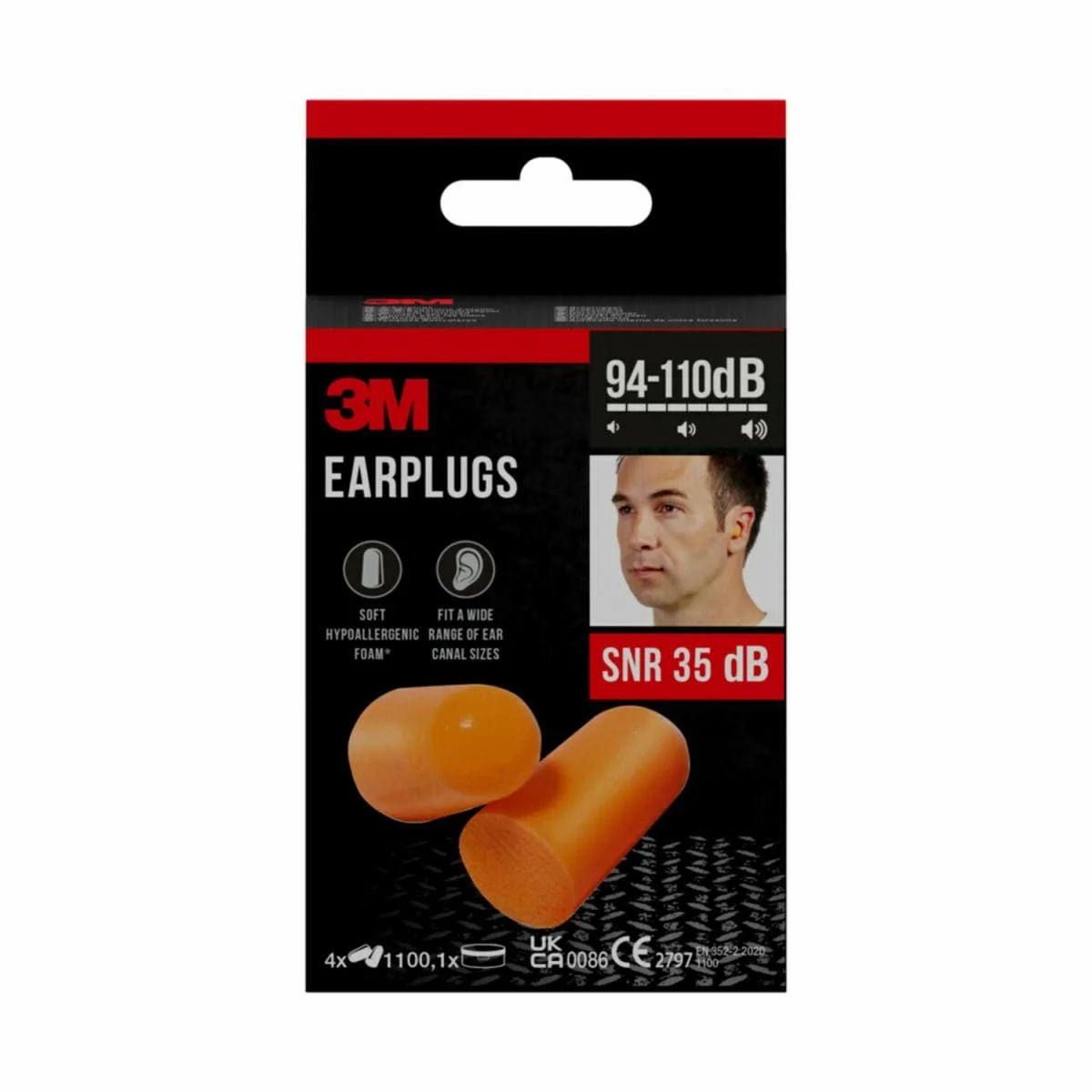 Bouchons d'oreille 3M™ 1100, mousse douce, SNR 35 dB, oranges, 4 paires + 1 étui de rangement par paquet