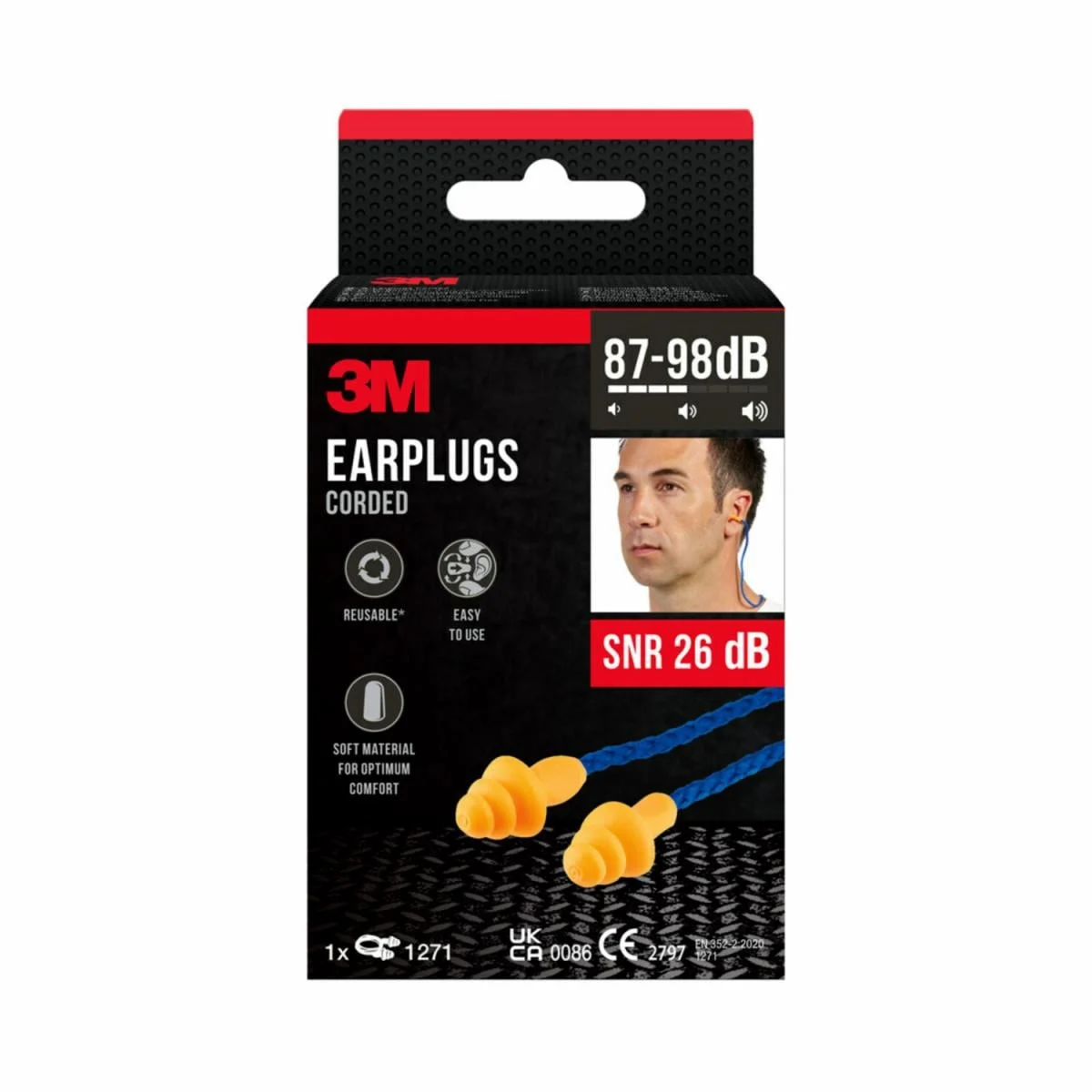 Bouchons d'oreille avec cordelette 3M™ 1271, conception à trois collerettes, réutilisables, SNR 26 dB, oranges