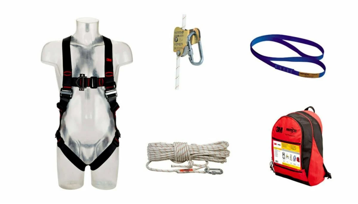 Ensemble de ligne de vie verticale de protection antichute 3M™ Protecta®, ancre, harnais, coulisseau, ligne de vie de 15 m, harnais dorsal, 1150506