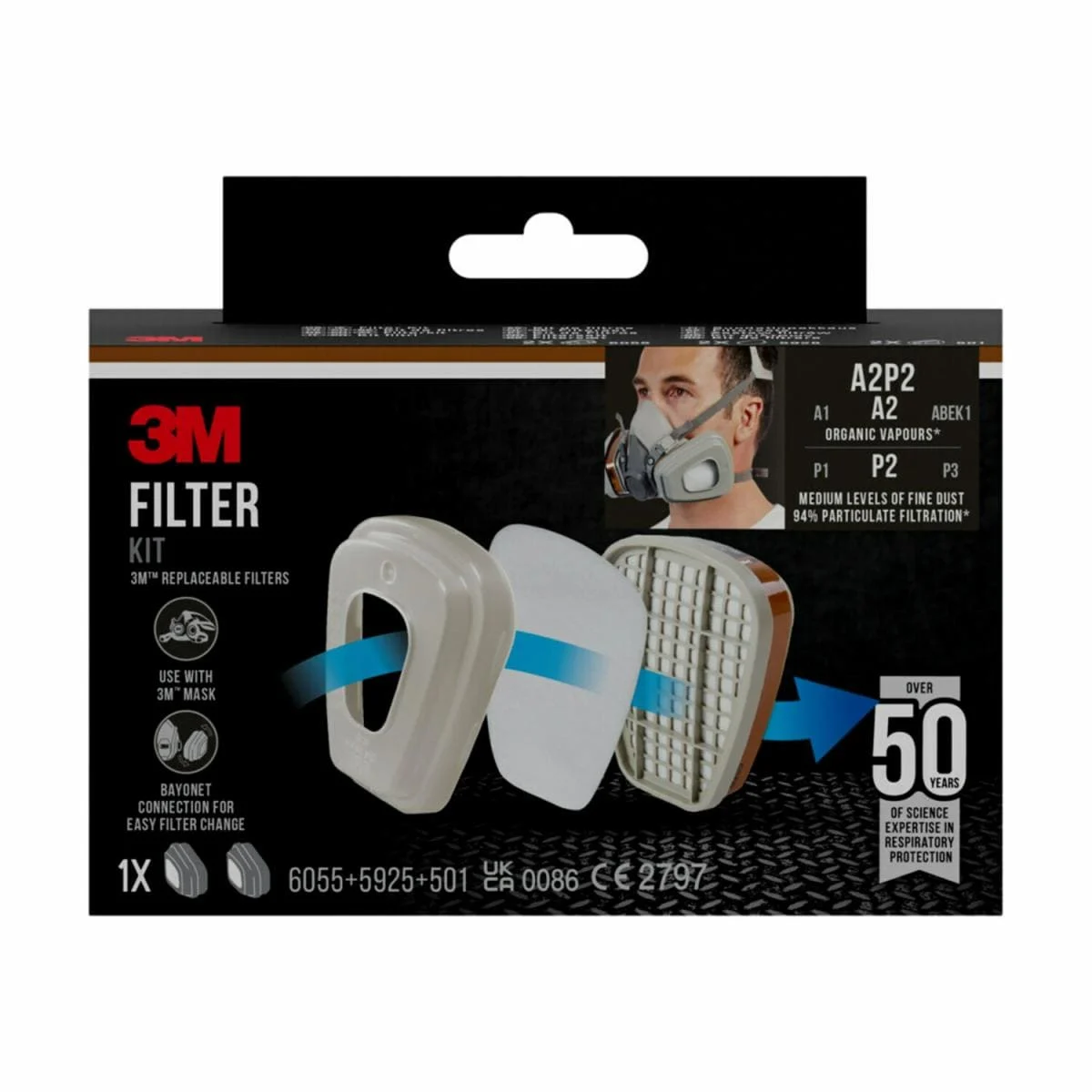 Kit de filtres 3M™ 6002-1, A2P2, vapeurs organiques (2x6055, 2x5925, 2x501)