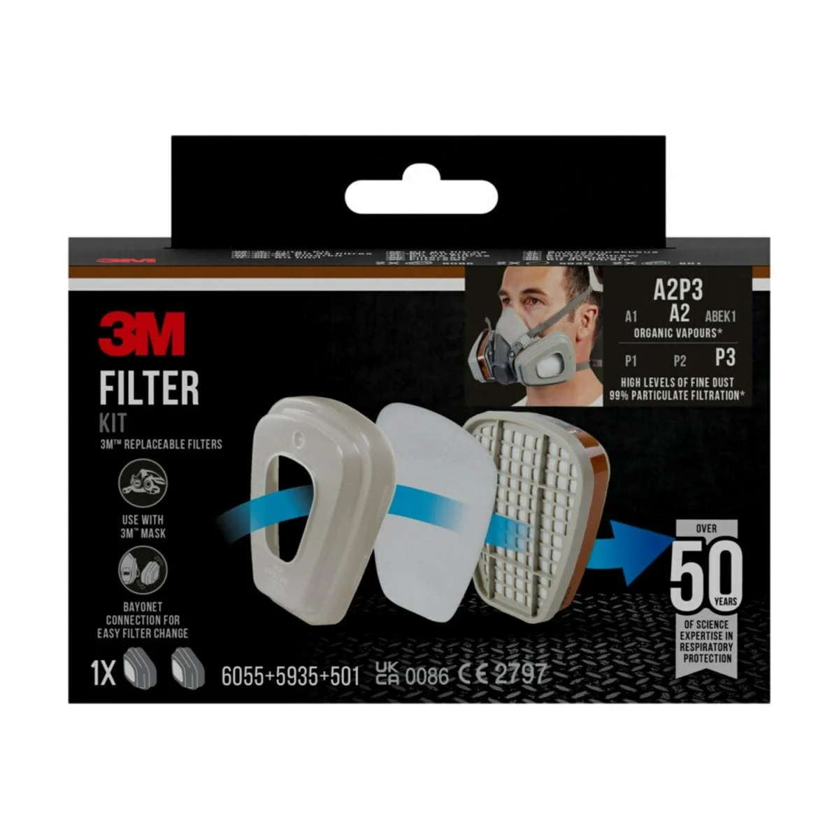Kit de filtres 3M™ 6003-1, A2P3, vapeurs organiques (2x6055, 2x5935, 2x501)