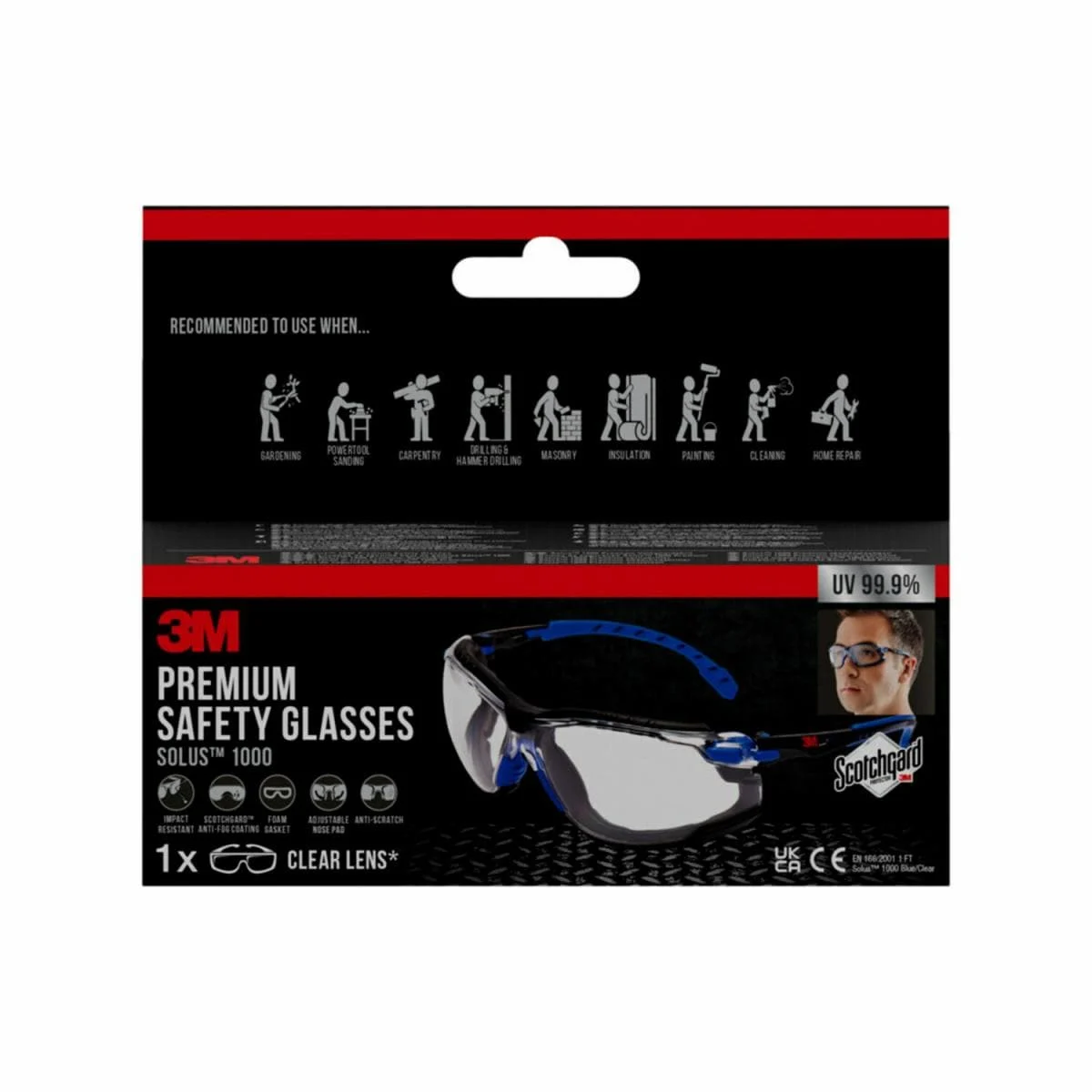 Lunettes de protection 3M™ Solus™ 1000, revêtement anti-buée Scotchgard™ Protector, bleues et noires, joint amovible en mousse, verre transparent
