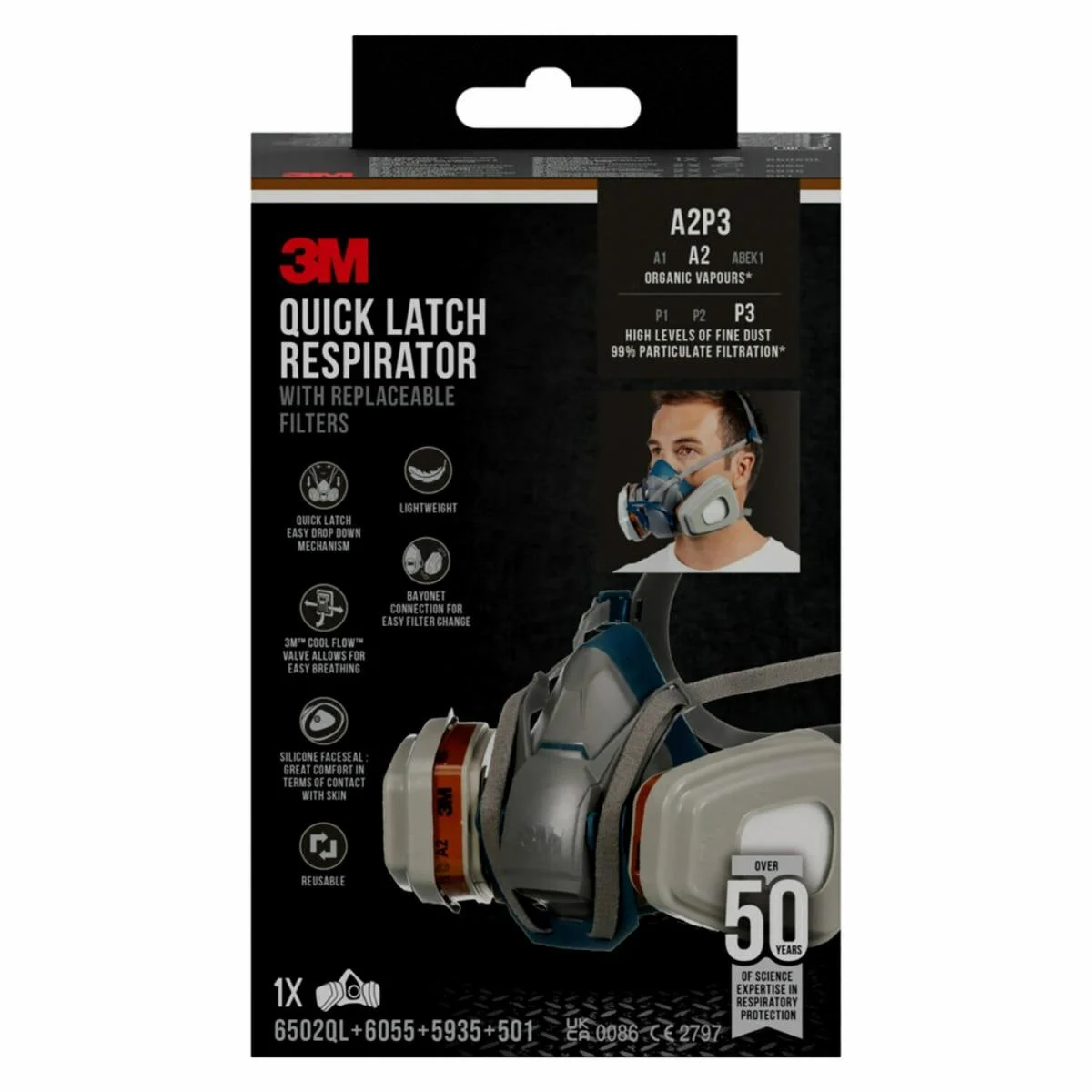 Masque à ouverture et fermeture rapides avec filtres remplaçables 3M™ 6502QLKIT-1, A2P3, vapeurs organiques (1x6502, 2x6055, 2x5935, 2x501)