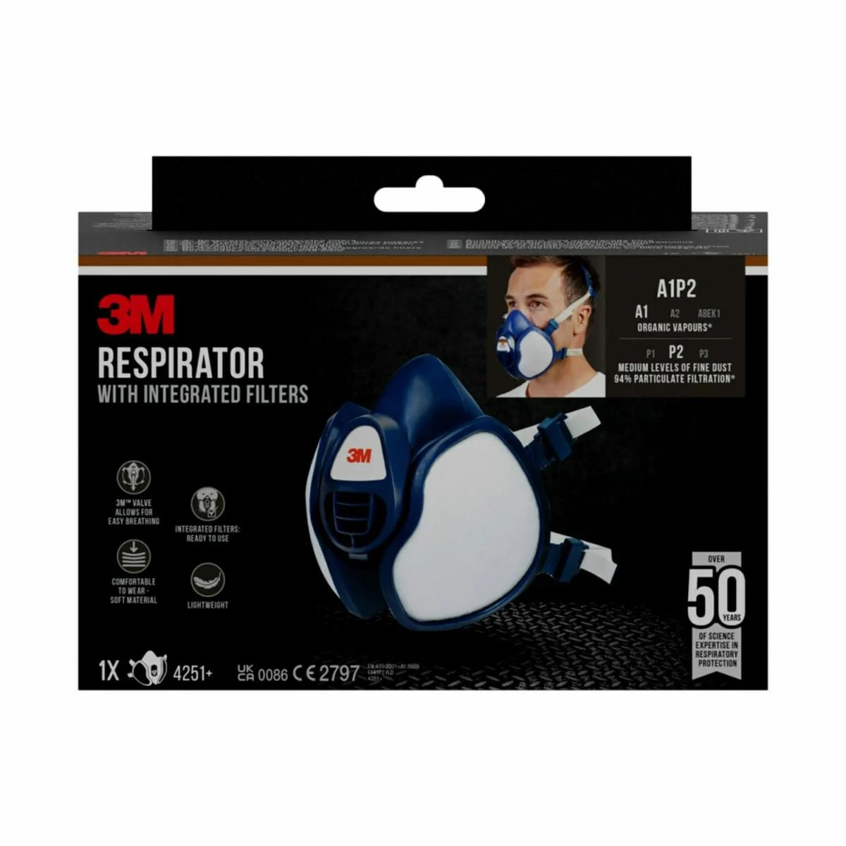 Masque avec filtres intégrés 3M™ 4251+, A1P2, vapeurs organiques