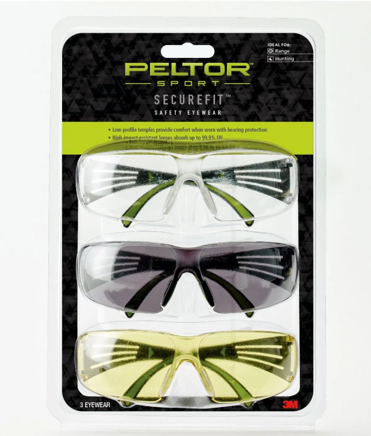 Peltor™ Sport SecureFit™ 400 Eye Protection SF400-P3PK-6, 3 Pack: Clear + Amber + Gray Lenses, Anti Fog