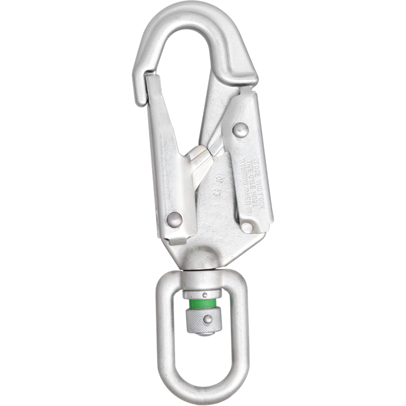 Mousqueton acier à verrouillage automatique double action avec émerillon témoin de chute