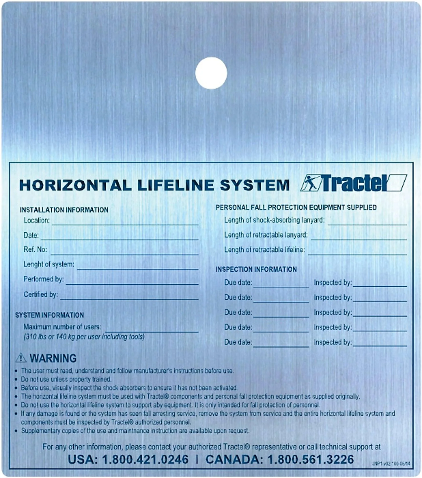 Horizontal lifeline systems information plate