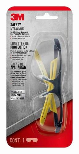 3M™ Safety Eyewear Soft Rubber Nose and Ear Pieces for Comfort,  Black Frame with Yellow Accent, Clear lens