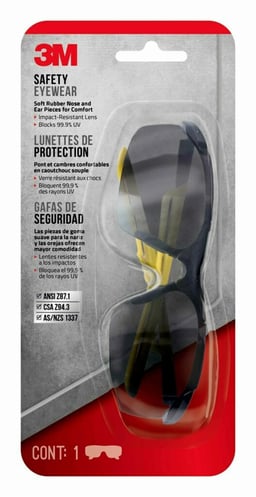 3M™ Safety Eyewear Soft Rubber Nose and Ear Pieces for Comfort,  Black Frame with Yellow Accent, Gray Lens