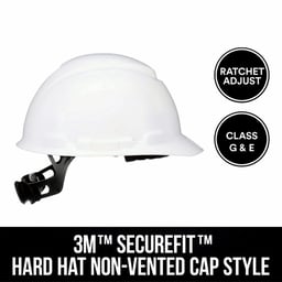 3M™ SecureFit™ Hard Hat Non-Vented Cap Style with Ratchet Adjustment, White, 1 Ea/Pk