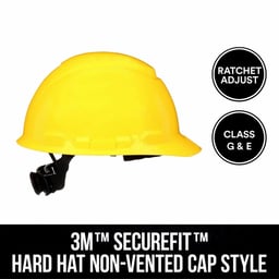 3M™ SecureFit™ Hard Hat Non-Vented Cap Style with Ratchet Adjustment, Yellow, 1 Ea/Pk